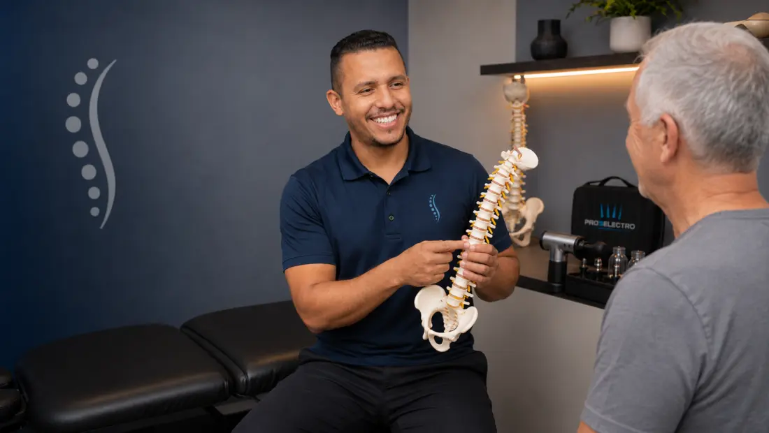 Diones Santos explicando o cuidado da coluna com um modelo anatômico