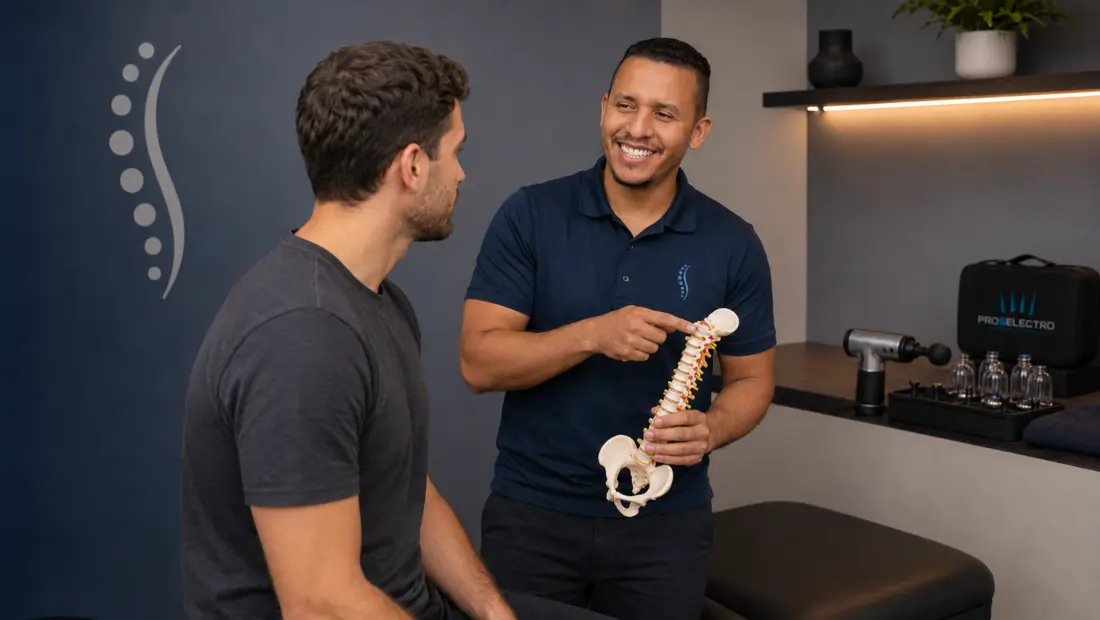 Diones Santos orientando um paciente com o apoio de um modelo da coluna