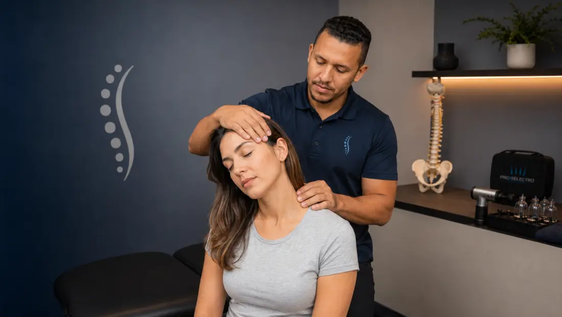 Diones Santos realizando uma técnica manual na região cervical de uma paciente
